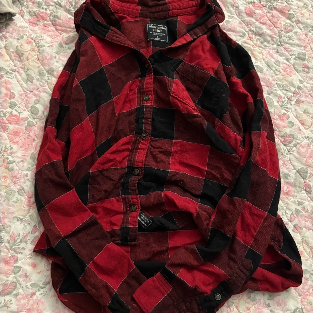 Red and Black Plaid Hooded Shirt